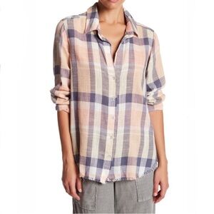 Bella Dahl Frayed Hem Linen Blend Plaid Shirt M